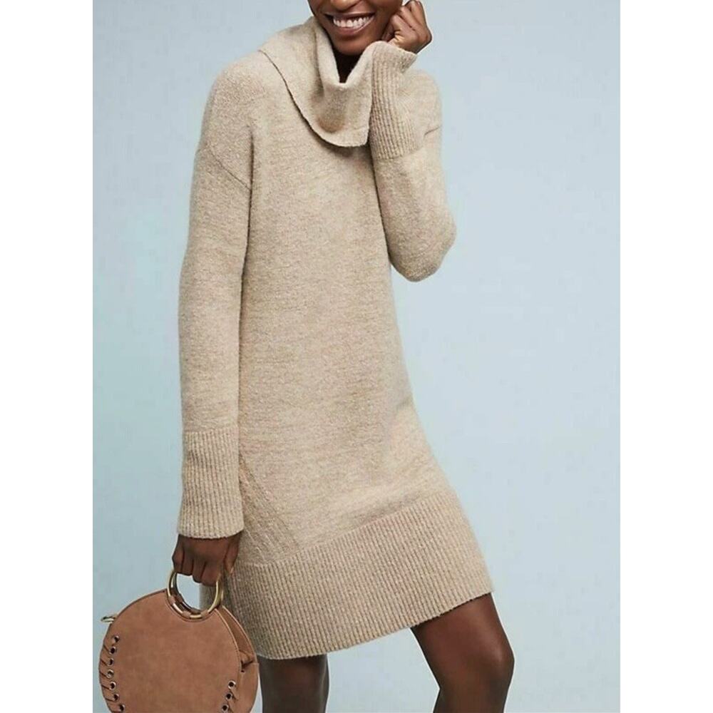 ANTHROPOLOGIE Sonoran Cowl Neck Wool Cashmere Alpaca Blend Sweater Dress XL Tan
